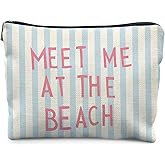 Likjad Coastal Beach Makeup Bag, Blue Striped Beachy Cosmetic Bags for Women, Meet Me at the Beach Girly Makeup Pouch, Ocean Themed Gift Zipper Pouch
