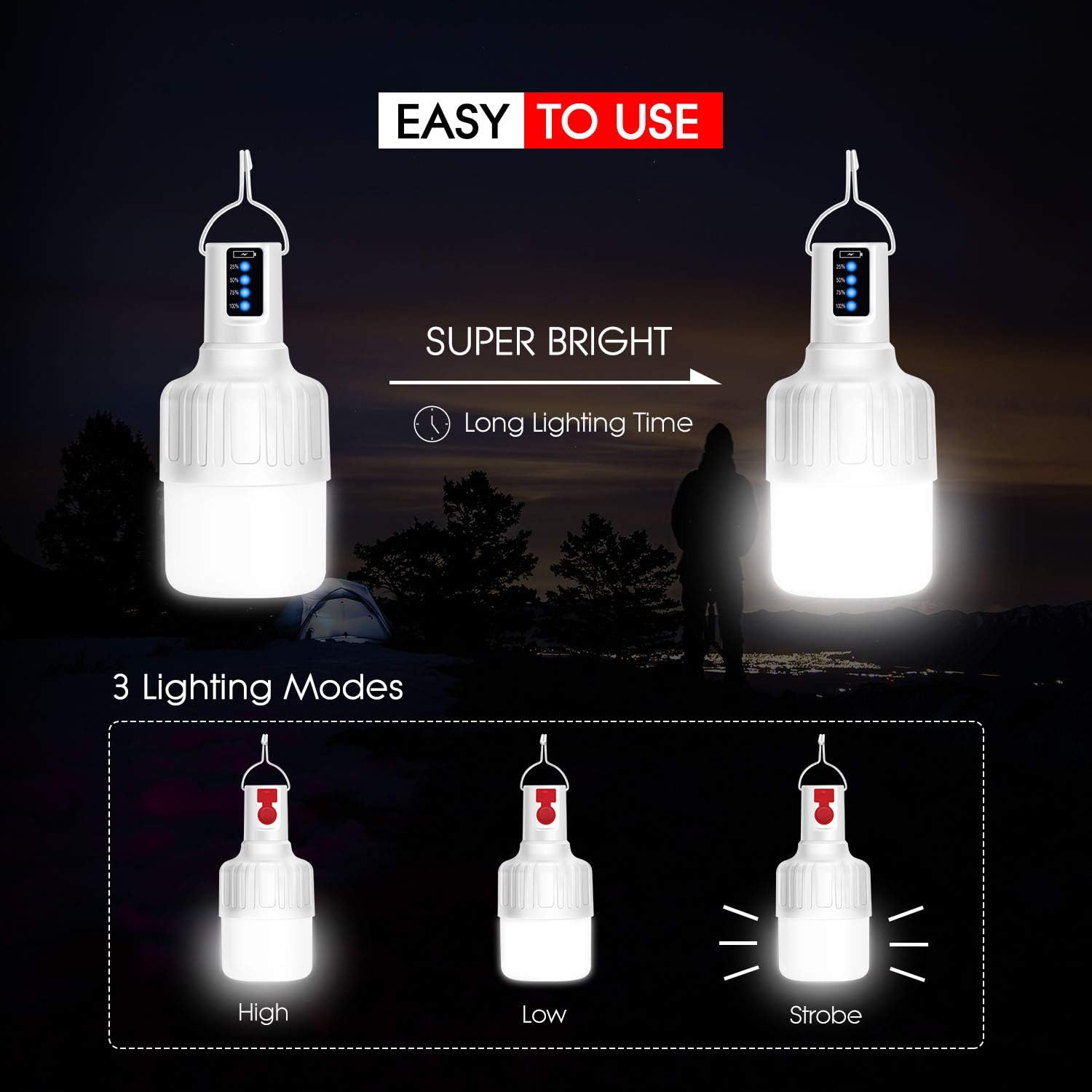 Rechargeable Camping Lantern [4 Pack] - WdtPro Portable LED Camping Lanterns with Hanging Hooks, 3 Modes, Waterproof Camping Lights for Camping, Emergency, Hurricane, Power Outage - - 