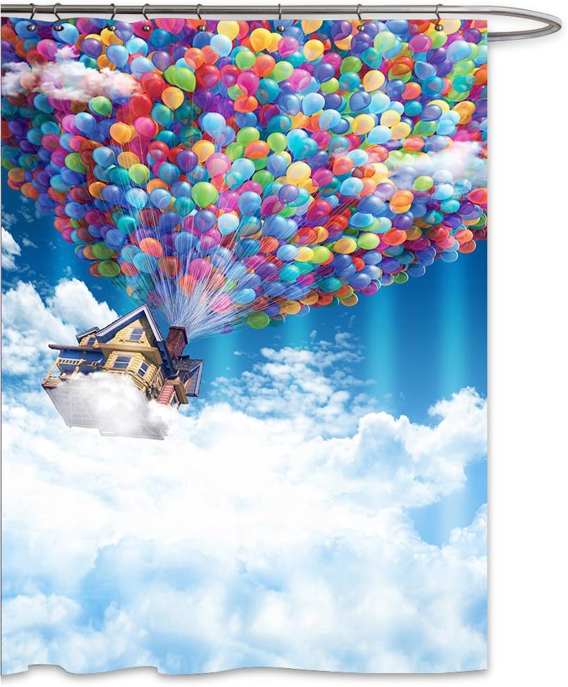 FKOG Balloon Shower Curtain Sets Fantasy Fabric Colorful Hot Air House Fly in The Sky Cute Kid Fabric Waterproof Funny Bathroom Curtains Blue White Red Green Yellow 70 Wx78 L Inches