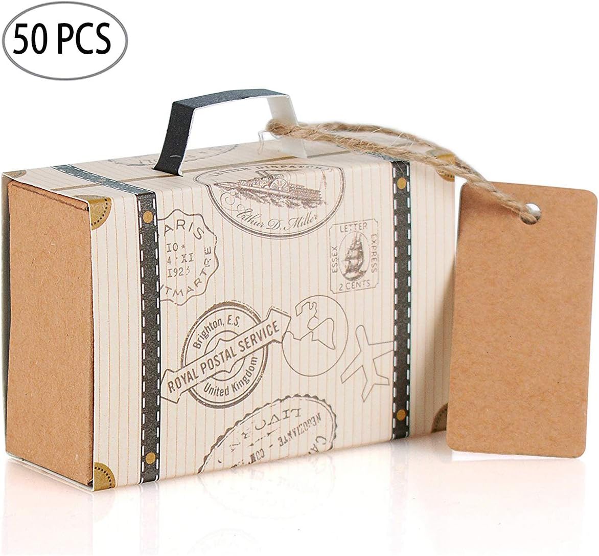 50pcs Suitcase Favor Candy Box, Ouinne Mini Kraft Paper Boxes for Party Wedding Birthday Bridal Shower