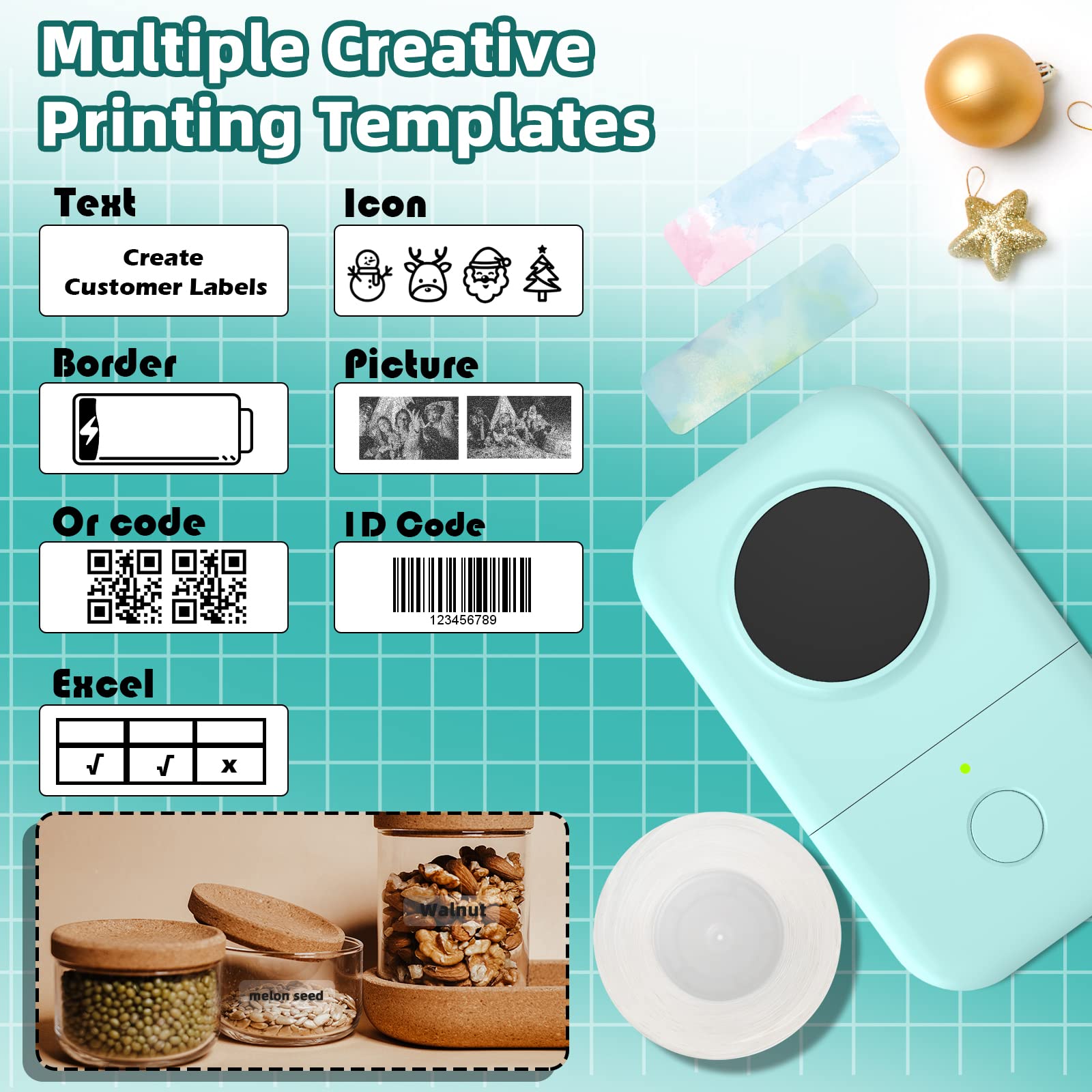 Phomemo Label Maker Machine with Tape, D30 Mini Bluetooth Label Printer, Versatile App with with 1000+ Symbols and 60+ Borders, Portable Label Maker for School Supplies, Home, Office, Green