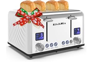 Toaster 4 Slice, Bagel Stainless Toaster with LCD Timer, Extra Wide Slots, Dual Screen, Removal Crumb Tray (White)