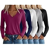 Huukeay 5 Pack Women's T-Shirts V Neck Long Sleeve Tops Casual Loose Fit Layering Shirts Flat Hem Basic Plain Work Tees