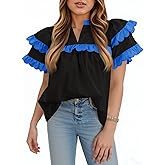 Tankaneo Womens Ruffle Sleeve Babydoll Tops Color Block Summer V Neck Pleated Blouse Dressy Casual Loose Fit Shirts