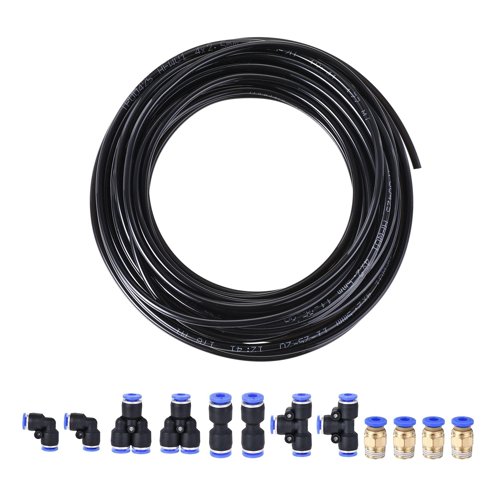 sourcing map Pneumatic PU Tubing Kit 4mm OD 10M Black with 12 Pcs Push to Connect Fittings