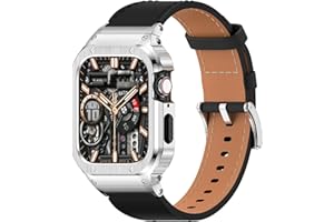SUPLINK Stainless Steel Case and Band Compatible with Apple Watch Band 38mm 40mm 41mm 42mm 44mm 45mm 46mm 49mm,Leather Strap Metal Case for iWatch Series Ultra 10 9 8 7 6 5 4 3 2 1 SE Men