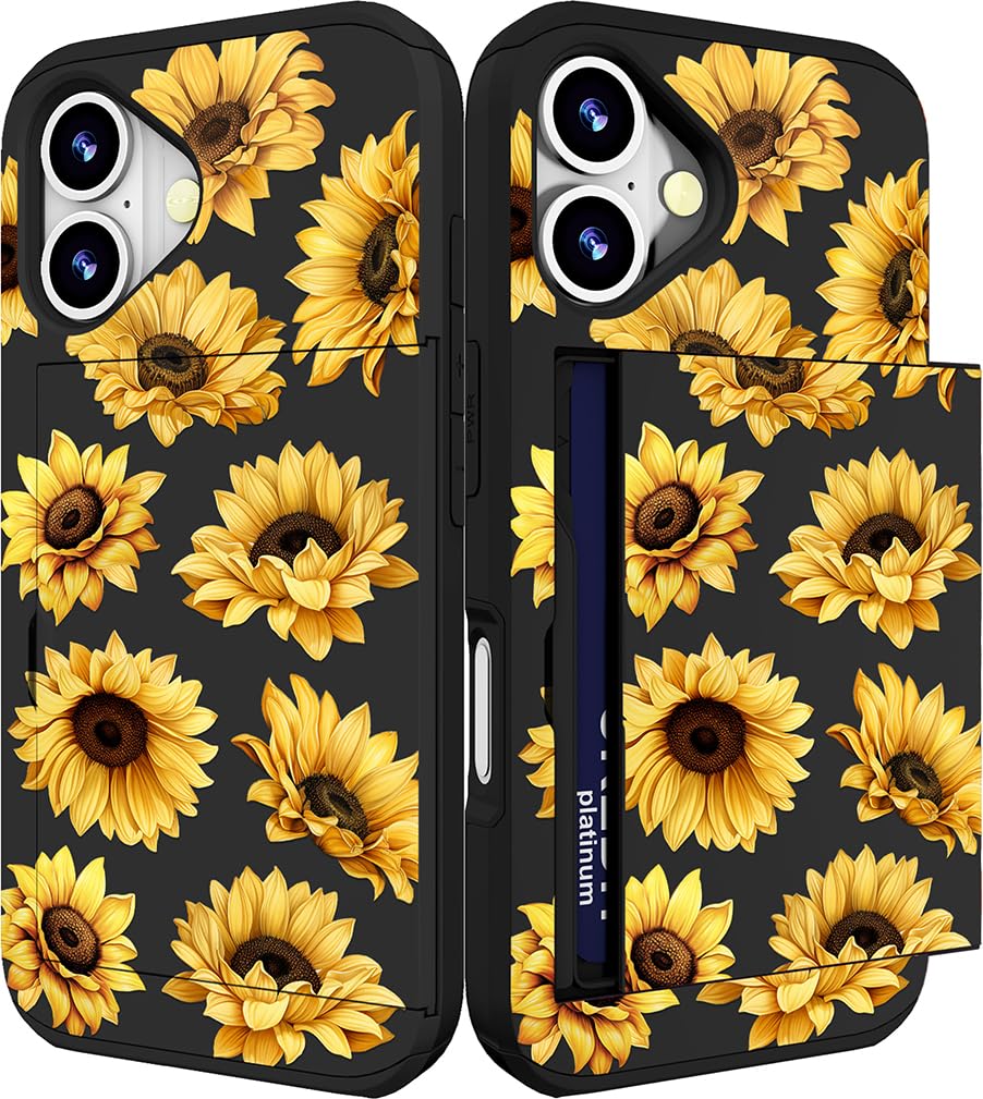 IWONE Compatible with iPhone 16 Case with Card Holder Cute Shockproof Drop Protection Phone Wallet Slot Cover Cases for Women - Yellow Sunflowers Flowers