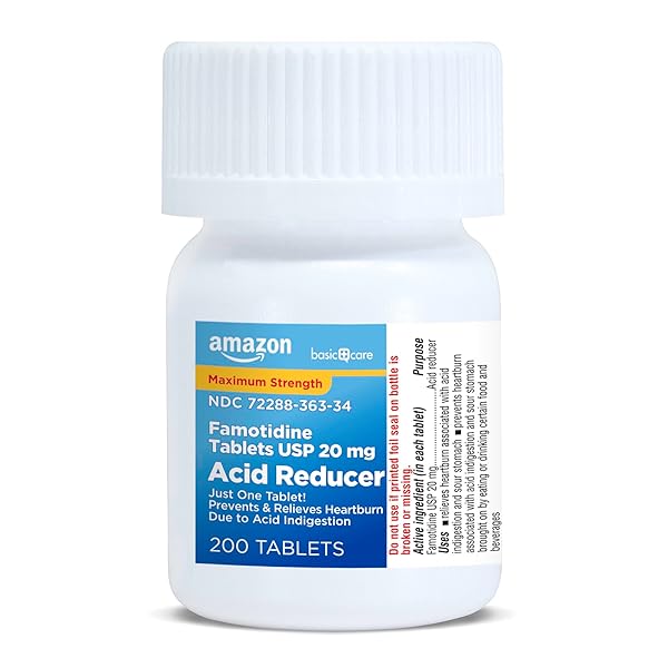 AMAZON BASIC CARE MAXIMUM STRENGTH FAMOTIDINE TABLETS 20 MG, ACID REDUCER PILLS FOR HEARTBURN RELIEF, 200 COUNT (PACKAGING MAY VARY)