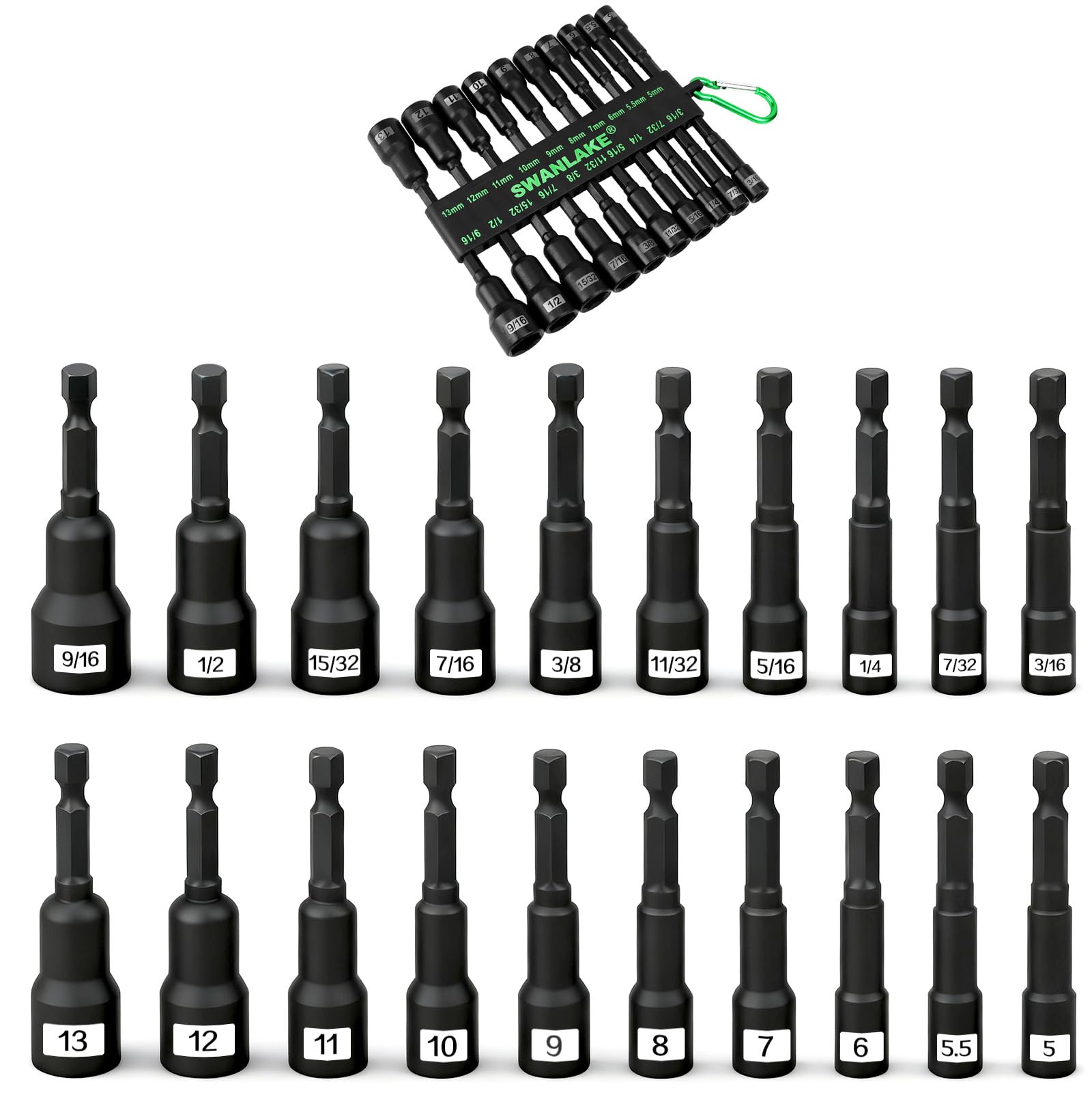 Photo 1 of 20-Piece Magnetic Nut Driver Set, Metric & SAE 1/4" Hex Shank, Drill Socket Set, Impact Driver Bit Set, Magnetic Bit Holder with Aluminum Alloy Snap Clip, 65mm Long Hex Bit, Quick Change Tool