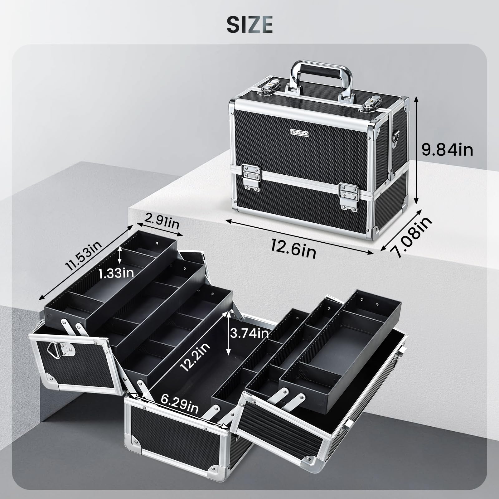 FRENESSA Makeup Train Case Makeup Case 12.6 Inch Large Cosmetic Box Organizer Travel Storage Professional Make Up Train Carrying Case with 6 Trays Locking Shoulder Strap Hard Vanity Storage Black
