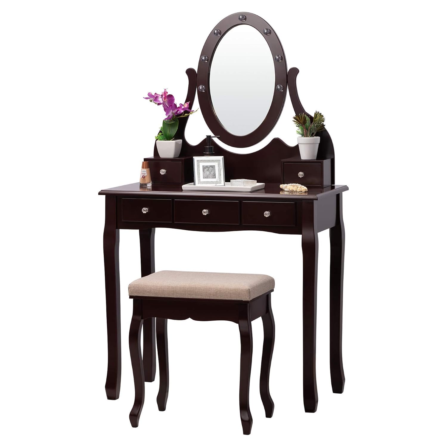 Fineboard Fb Vt31 Bk Vanity Table Set With Led Mirror And Stool With 5 Drawers Black Kitchen Dining Cjp Org In