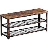Rolanstar Shoe Bench, 3-Tier Shoe Rack, 39.4” Storage Entry Bench with Mesh Shelves Wood Seat, Rustic Foyer Bench for Hallway