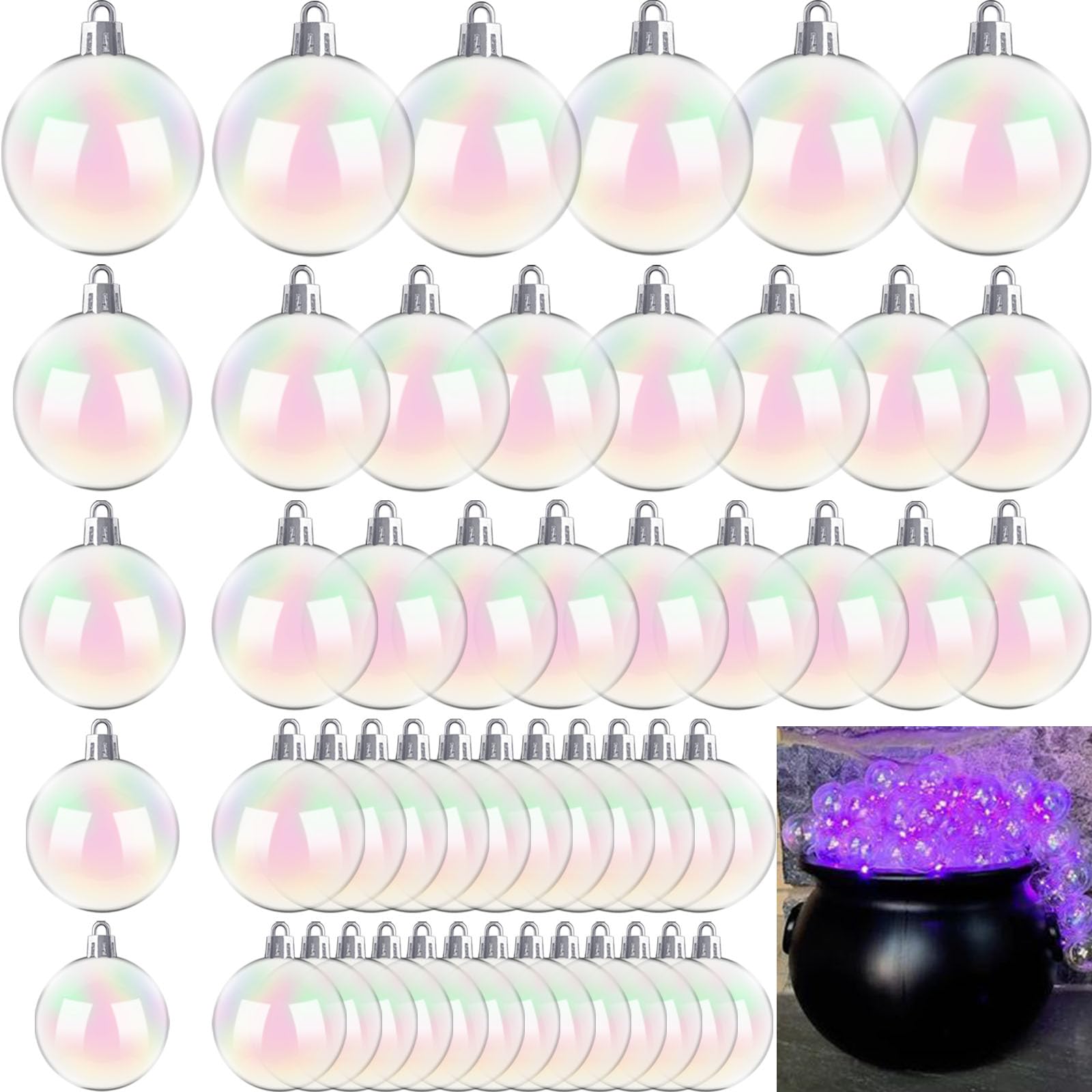 Photo 1 of 50 PCS Christmas Iridescent Ornaments,Clear Plastic Bubbles Hanging Filled Ornaments,Christmas DIY Hanging Rainbow Ball 5 Different Sizes for Xmas Tree Wedding Party Birthday Home Decorations