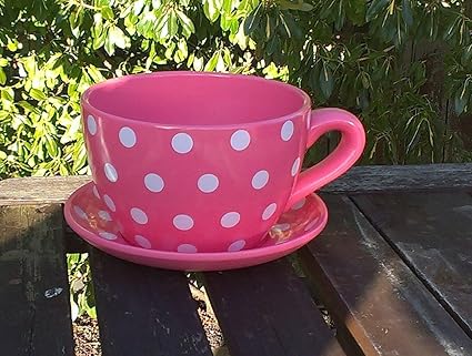 Modern Giant Pink Tea Cup And Saucer White Dot Design Home Office
