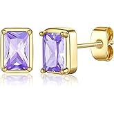 Ritach Gold Birthstone Earrings for Women Girls - S925 Sterling Silver Post Hypoallergenic Stud Earrings Real Gold Plated Rectangle Birthstone Earrings for Women Girls Birthday Gifts