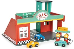 Mentari Toys - Gas Station - Wooden Toy Garage with Lift, Cars, Ramp and Gas Pumps - Encourages Imaginative Play, Fine Motor Skills & Problem Solving - Age 3+