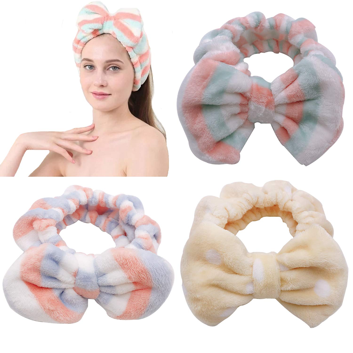 Sea Free Women Plush Headband Hair Loop Elastic Coral Fleece Hair Band with Bowknot for Makeup Shower and Face Washing 3Pcs