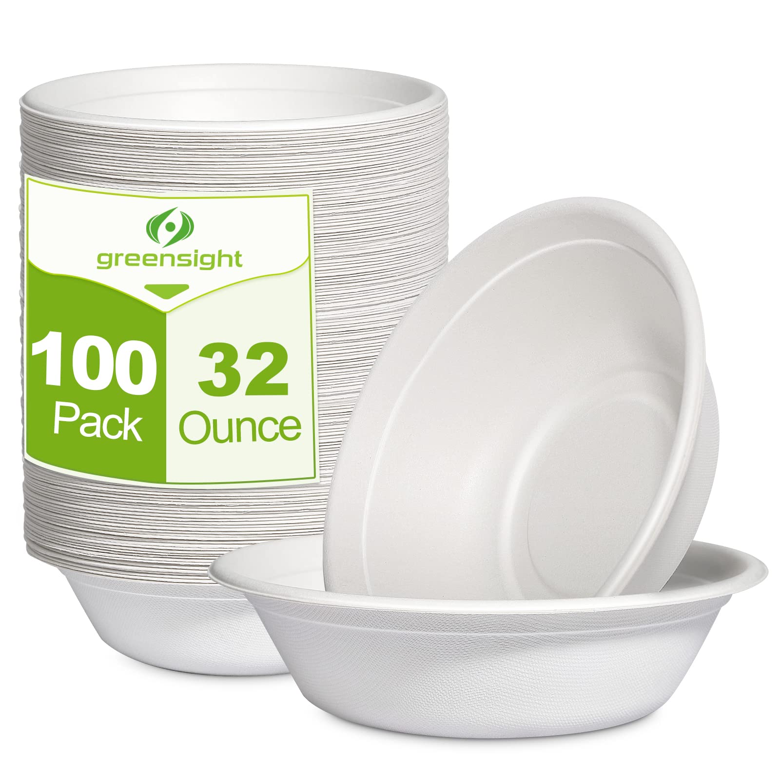 Photo 1 of Greensight Large Compostable Bowls - 32 oz, 100 Pack, Heavy Duty, Microwavable Safe, White Bagasse Bowls for Hot Soup, Salads, Cereals