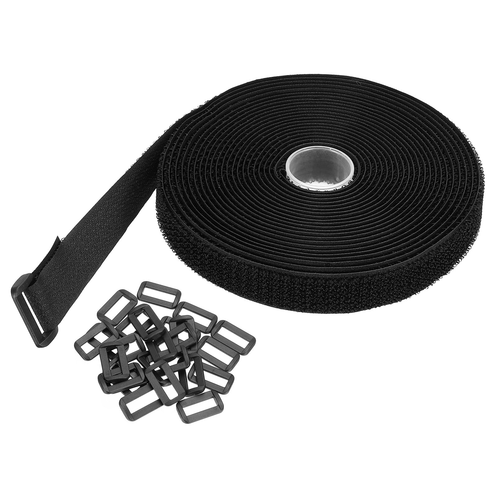 PATIKIL Hook and Loop Straps 0.8in x 16Ft with 25pcs Plastic Buckle, Fastening Cinch Straps Reusable Nylon Securing Cord Ties for Storage Organization, Black