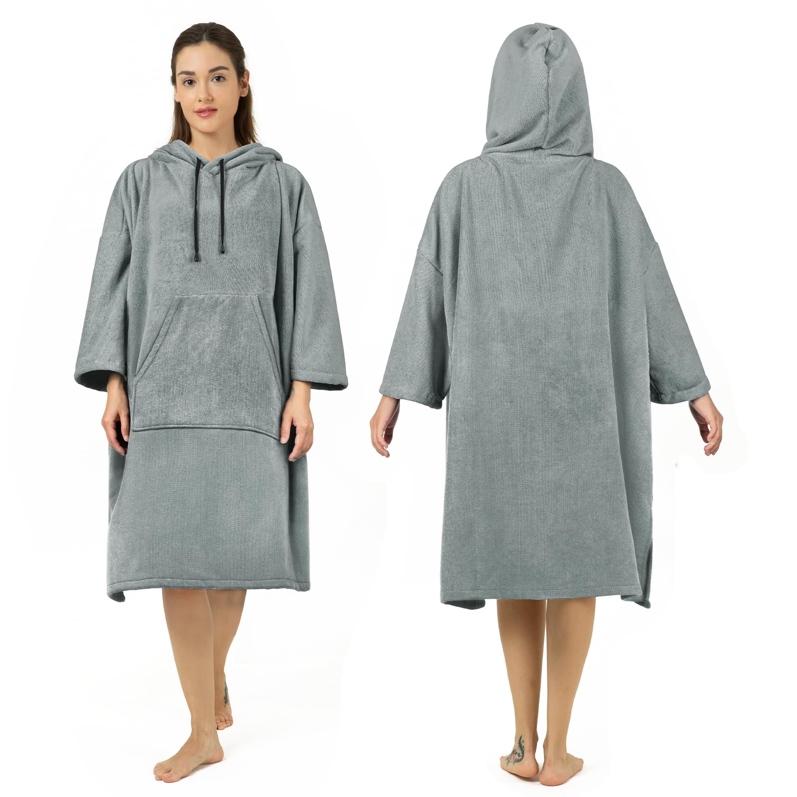 Zingtto Surf Poncho Changing Robe, 3/4 Sleeve Extra Large Thick Hoodie Towel Poncho for Men Women Beach Swimming, 39"x33", Gray — image 1