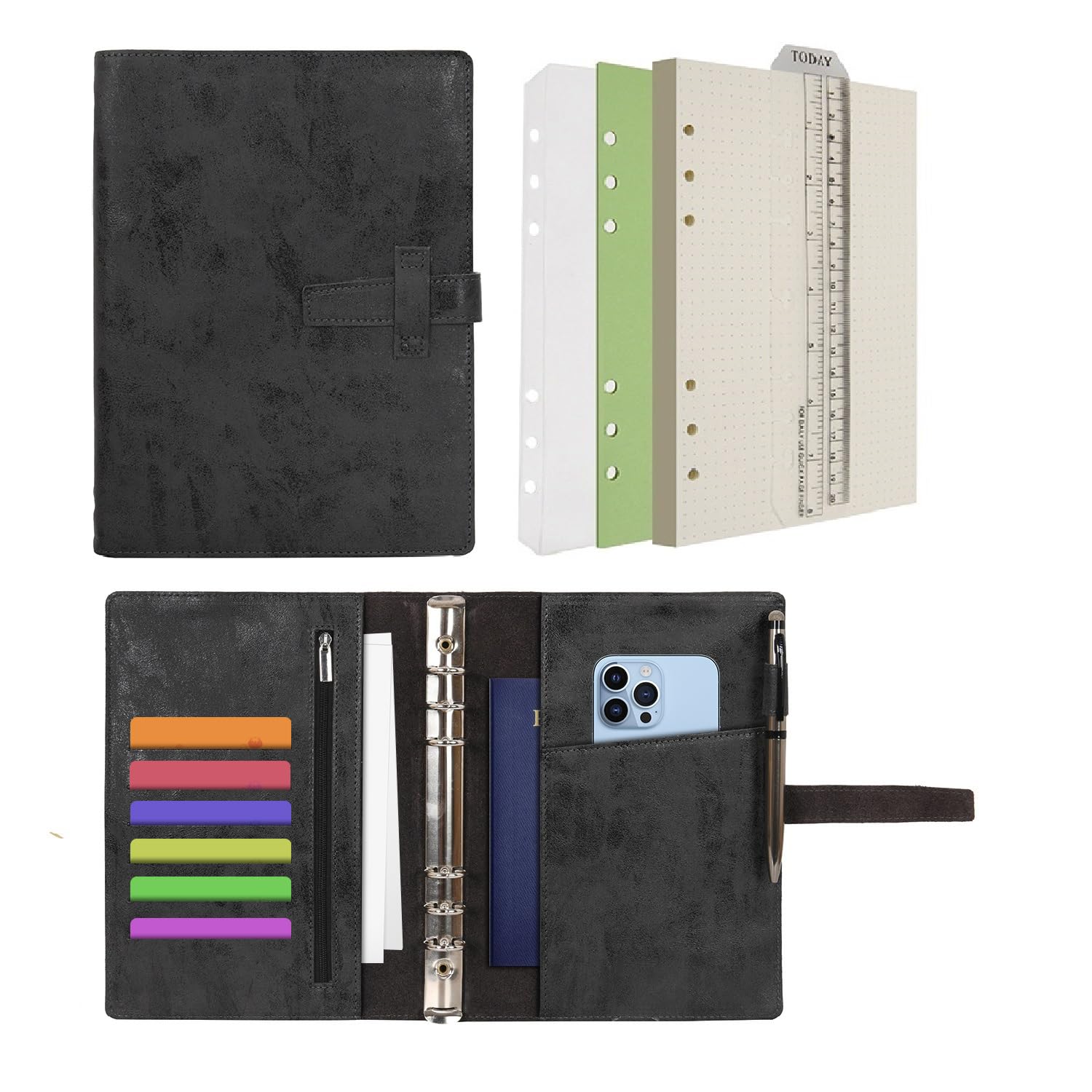 Wonderpool Leather Diary 6 Ring Binder Folder Organiser with Dotted Paper Refillable Writing Notebook & Multi Pockets Cover for Business Study Travel (A5, Black)