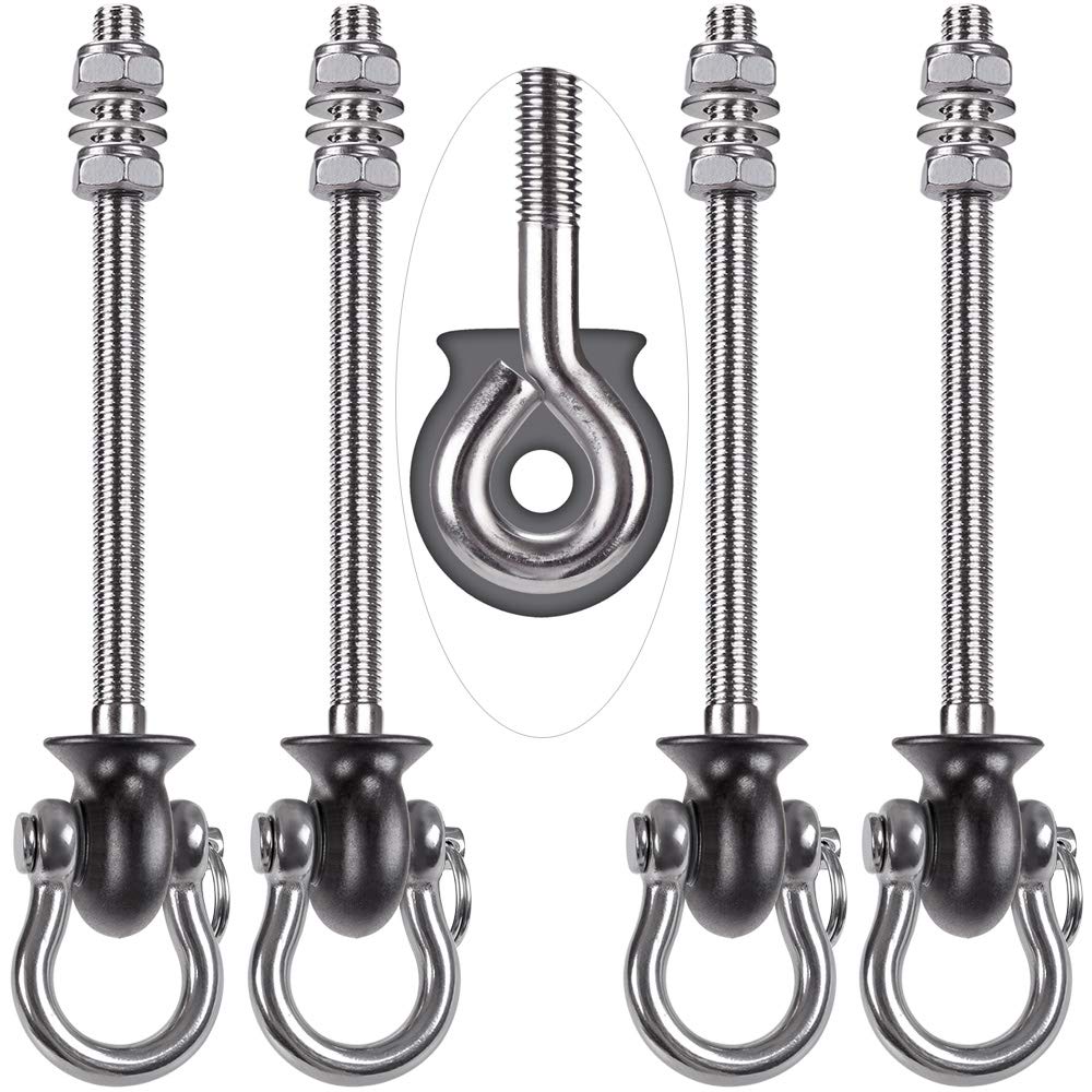 Dolibest 4pcs Swing Hanger, Heavy Duty Hammock Hook M8 Hanging Chair Screw Eye Bolt 245mm Swivel Ceiling Beam Mounting Bracket for Yoga Rope/Aerial Hoop/Punching Bag/Sandbag, 1500lbs
