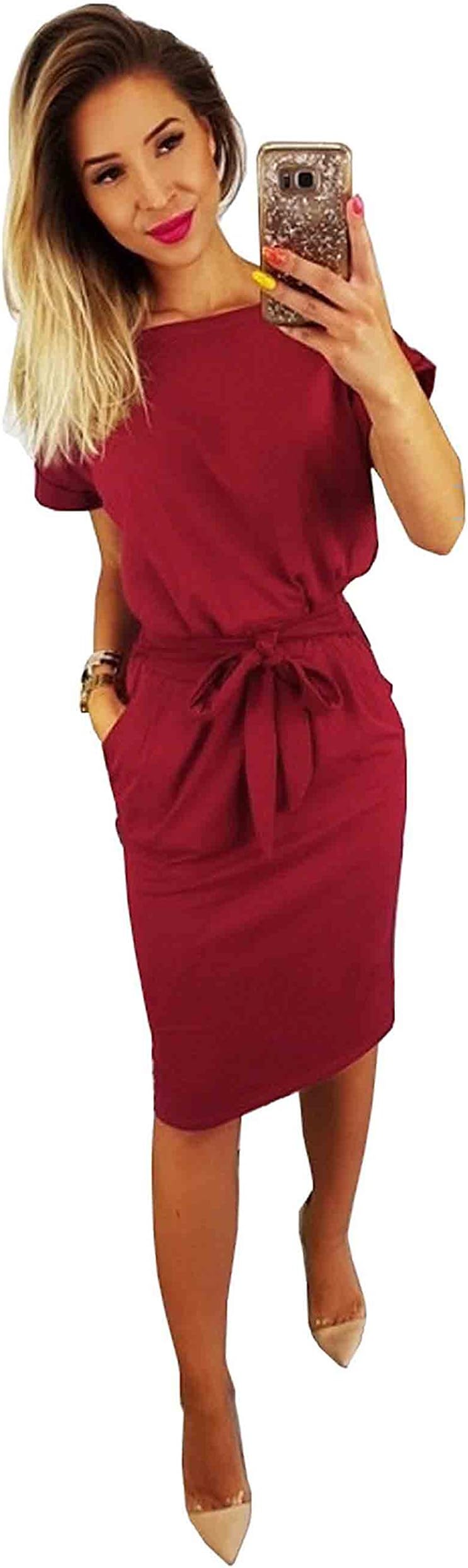 OppaaL Women's Elegant Short Sleeve Wear to Work Casual Pencil Dress with Belt (Medium, Wine Red)