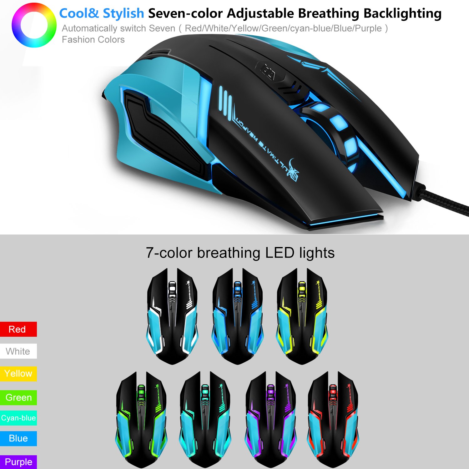 Gaming Mouse, LDesign 3200DPI Wired Gamer Mice ACC Optical Ergonomic with 4 Adjustable DPI Switch, 7-Color Breathing Light, High Accuracy Computer Mice Plug and Play (grey/silver)