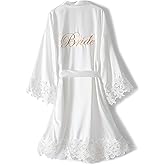 Crystal Dew Women's Lace Trim Bride Kimono Robes with Embroidery Bridal Silky Satin Bathrobe Wedding Party Sleepwear