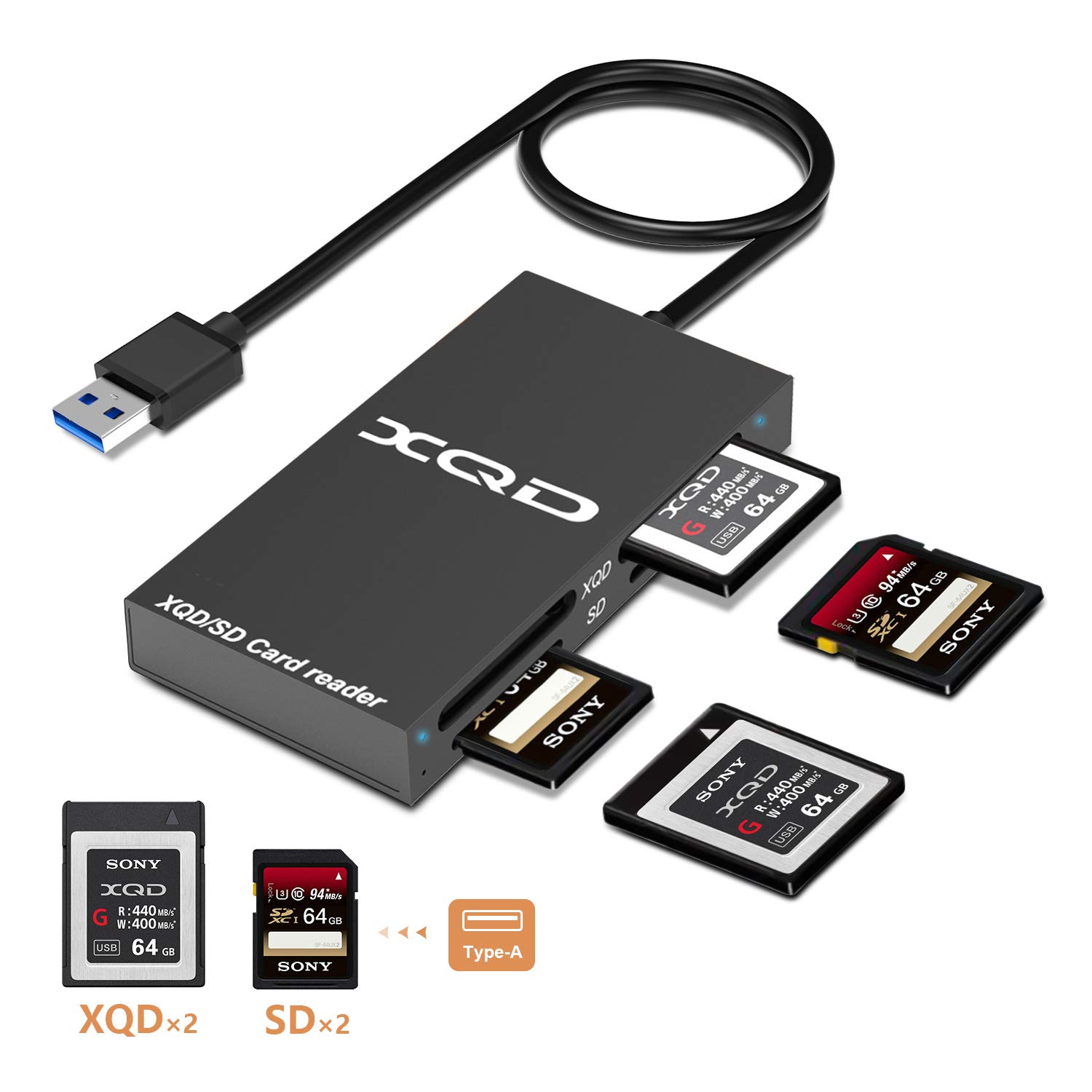 Arkidyn XQD SD Card Reader, 4 in 1 USB 3.0 XQD Memory Card Reader Support Sony G/M Series USB Mark XQD Card, Lexar 2933x/1400x XQD Card,SD Card Compatible with Windows/Mac OS System【Upgraded Version】