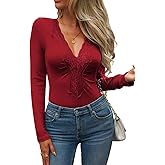 CiCiBird Women’s Sexy Lace V Neck Long Sleeve Top Slim Fit Going Out Shirt 2025 Spring Fall Fashion Tee