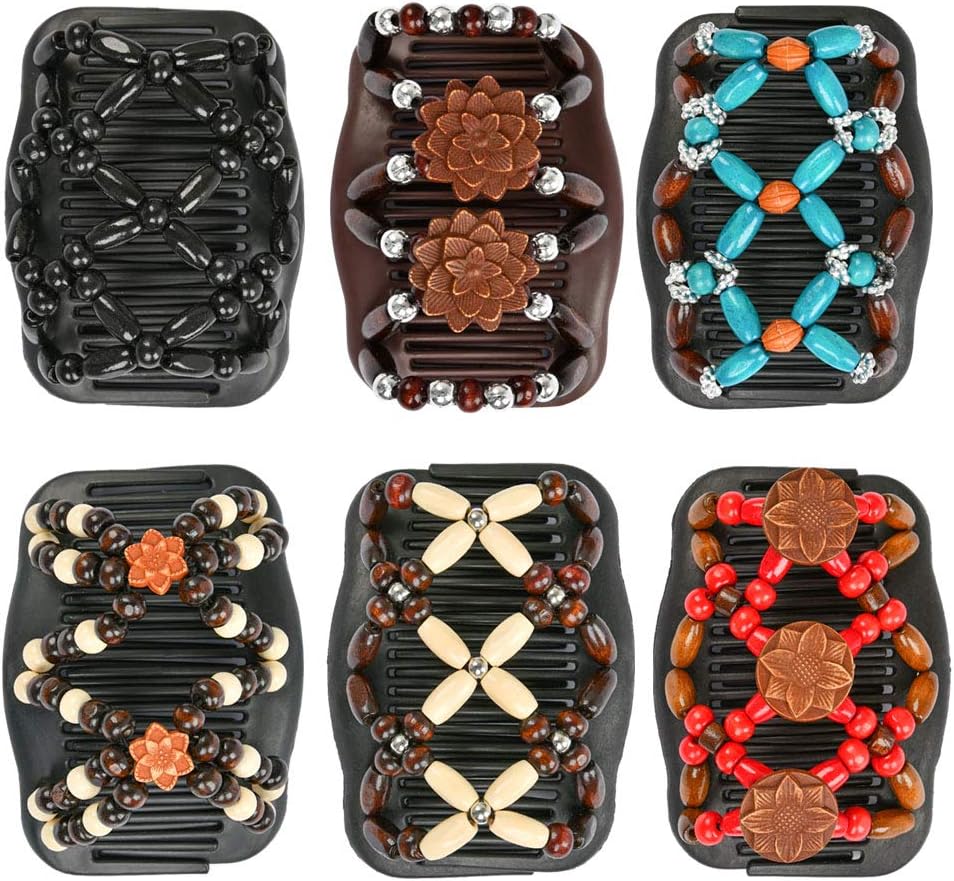 TIMESETL Wooden Hair Comb Clips 6pc Magic Beads Stretchy Women Girls