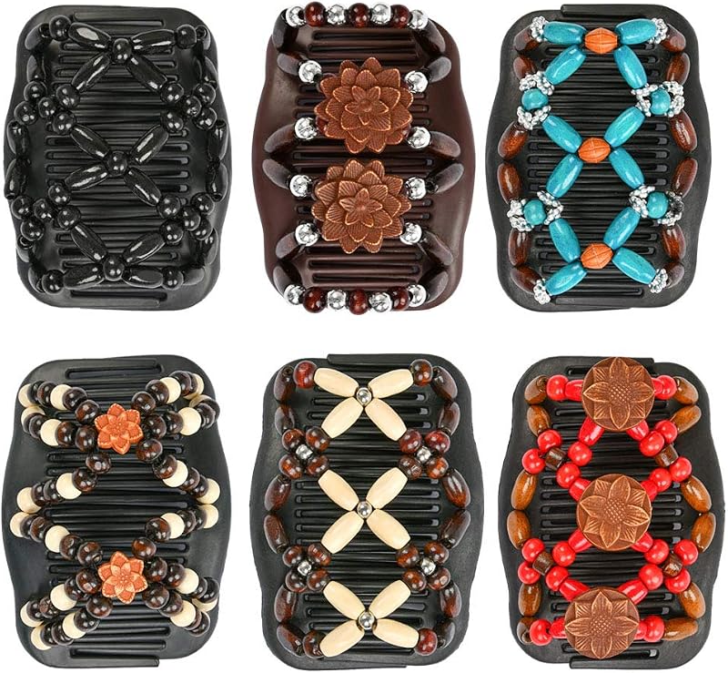 TIMESETL Wooden Hair Comb Clips 6pc Magic Beads Stretchy Women Girls