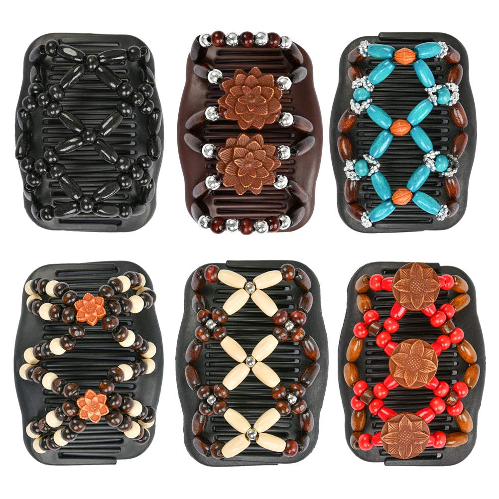 TIMESETL Wooden Hair Comb, 6 pcs Magic Wood Beads Double Comb Clip, Stretchy Hair Accessories for Women and Girls, Multicolored