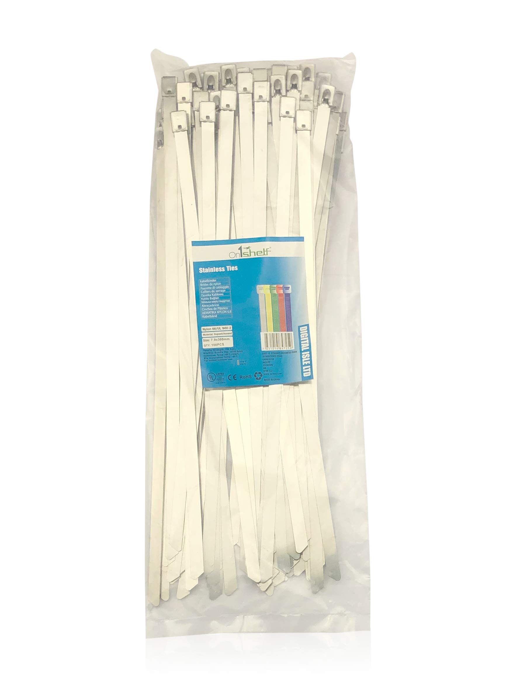 100 Pack of Stainless Steel Cable Ties - Marine Grade Metal by On1shelf (7.9mmx500mm)