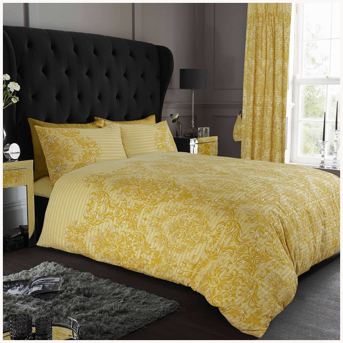 GC GAVENO CAVAILIA Empire Damask Duvet Cover, Soft & Cosy Floral Bedding, Luxury Reversible Paisley Printed Quilt Set, Polycotton, Ochre, Super King