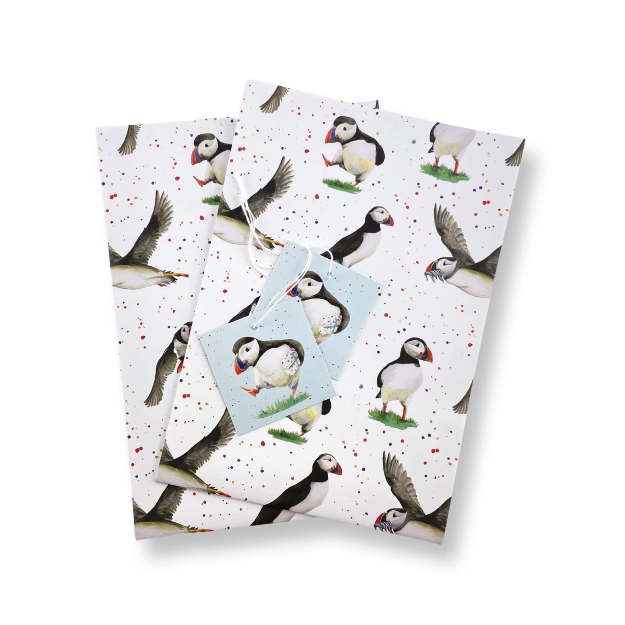 Puffin Puffins Birds Recycled and Recyclable Gift Wrapping Paper, 2 Sheets and 2 Tags - Birthday Gift Wrap for Her - Him - Mother's Day - Father's Day