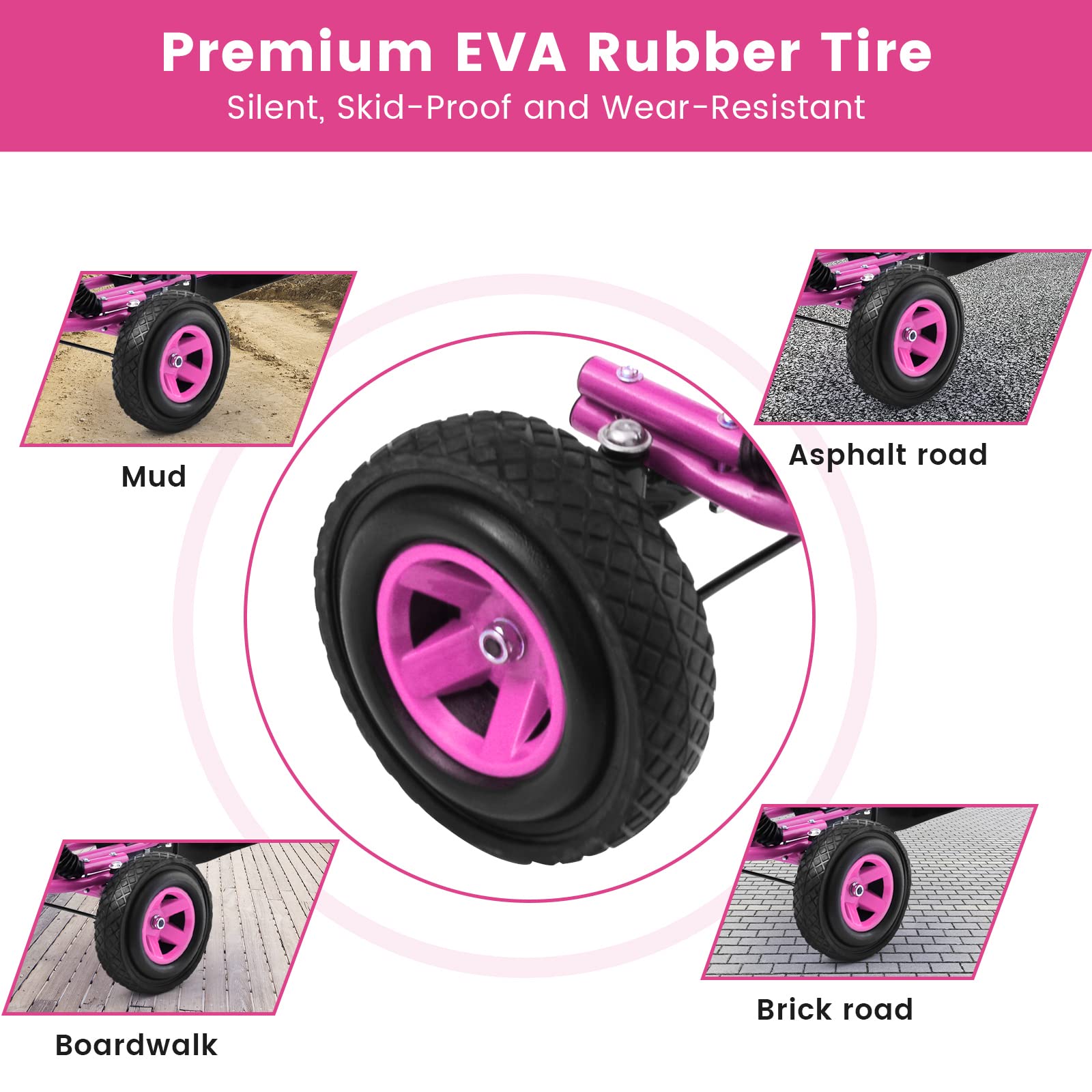 Costzon Go Kart for Kids, 4 Wheel Off-Road Pedal Go Cart w/Adjustable Seat, Steering Wheel, 2 Safety Brakes, EVA Rubber Tires, Ride-On Toys for Boys & Girls, Outdoor Racer Ride On Pedal Car (Pink)