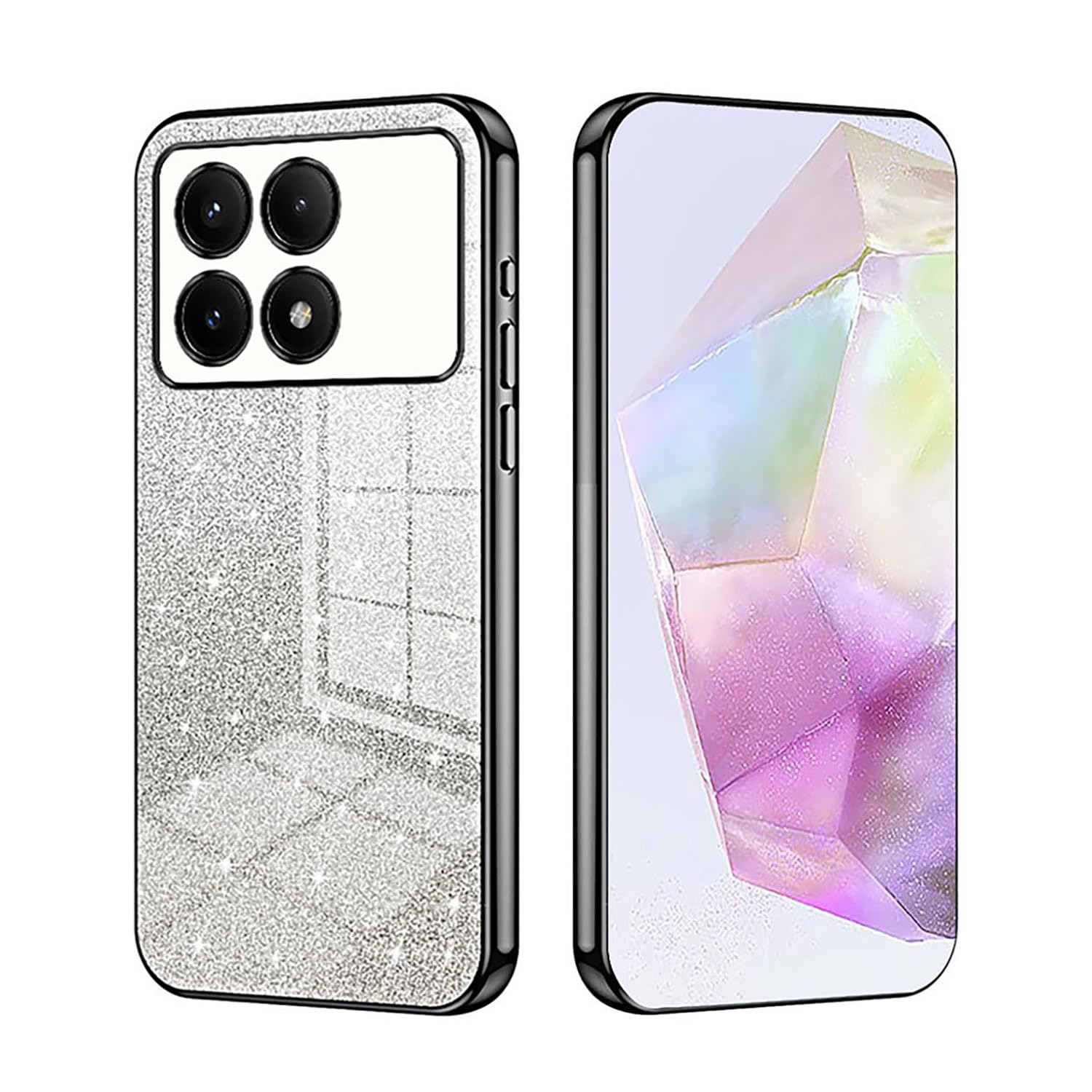 ILING Case for Xiaomi POCO F6 Pro 5G, Ultra Thin Elegant Gradient Color Sparkling Back Design Electroplated Edging Soft Silicone TPU Shockproof Phone Case Girls Cover (Black)