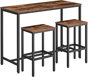 HOOBRO Bar Table Set, 47.2” Rectangular Kitchen Pub Dining Coffee Table and 2 Bar Stools, 3-Piece Breakfast Table Set for Kitchen Living Room, Dining Room, Sturdy Metal Frame, Rustic Brown BF52BT01