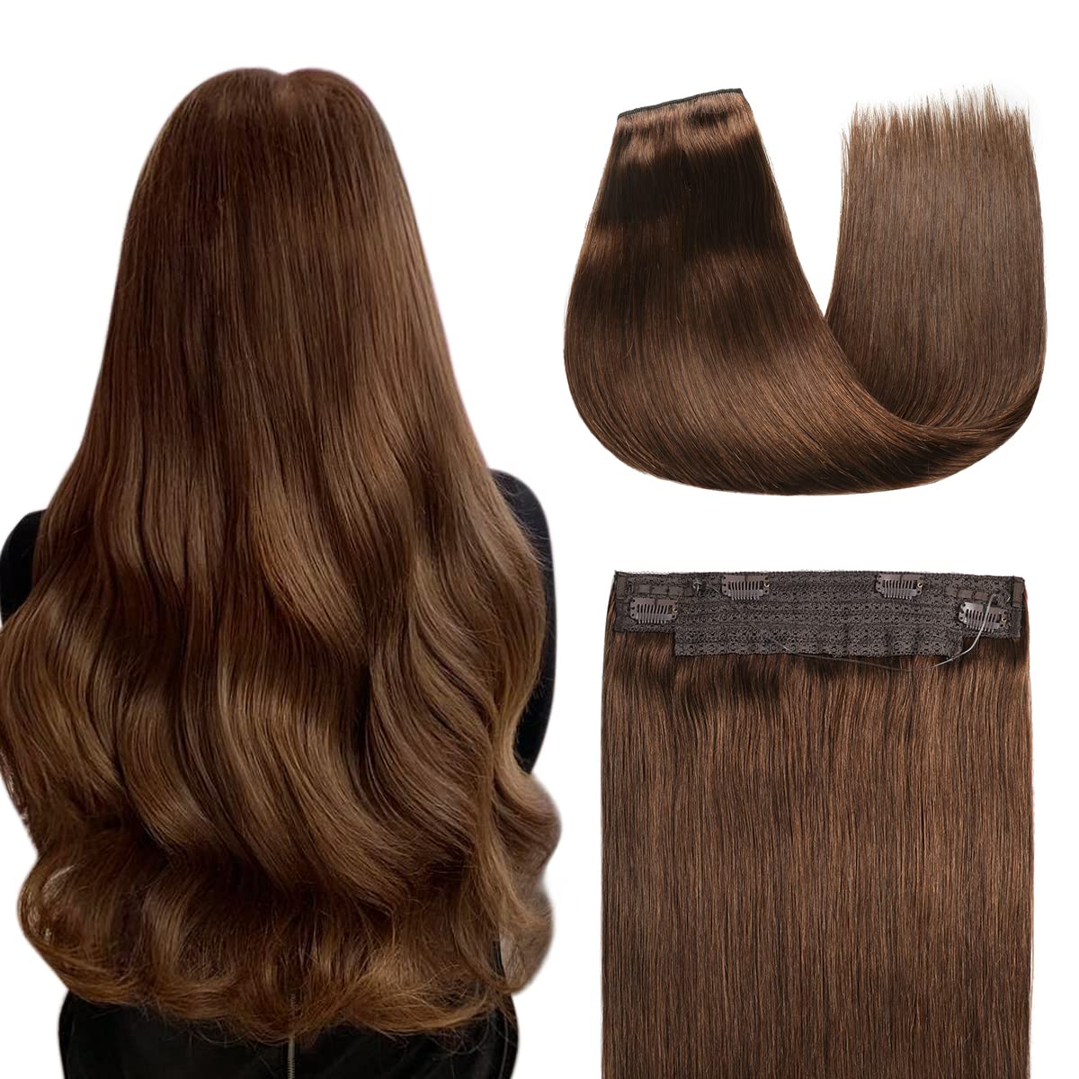 Photo 1 of YILITE Wire Hair Extensions Human Hair?Natural Real Hair Extensions Wire Hair Extensions with Invisible Line 20 inches 110g Silky Straight #4 Medium Brown Hairpiece Remy Human Hair Extensions