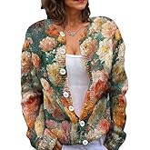 Akivide Women's Boho Floral Print Button Down Knit Cardigans for Women Trendy Fall Winter Oversized Chunky Open Front Coat