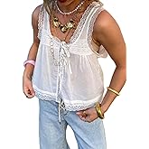 Women Lace Tie Front Tank Top Boho Summer Beach Ruffle Crop Top Y2k Sleeveless Embroidered Eyelet Vests