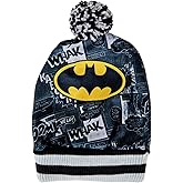 Spoontiques Batman Beanie - Cotton Puff Ball Beanie Hat with Comic Book Design & Batman Logo - Cozy Winter Cap for Superhero Fans, Black & Gray
