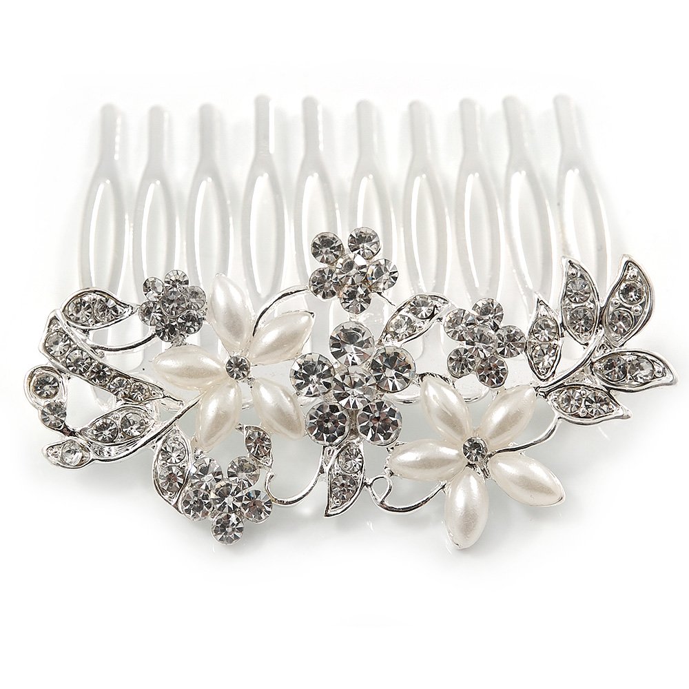 Medium Bridal/Wedding/Prom/Party Rhodium Plated Clear Austrian Crystal, Faux Pearl Floral Hair Comb - 60mm