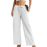 TESANCCO Womens Wide Leg Palazzo Pants Dressy Casual Lounge Baggy Pant Summer Travel Loose Drawstring Elastic Waist Trouser with Pockets White XL