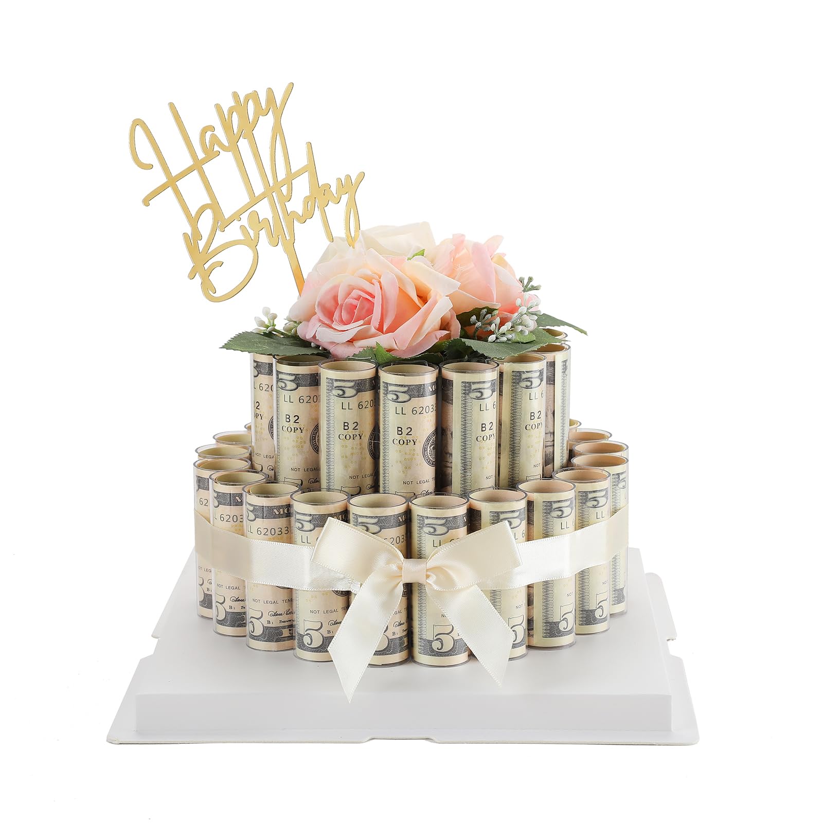 Photo 1 of Money Cake - No DIY - Fake Rose Flower Cake Gift Boxes Birthday Gifts for Her and Him Gift Ideas,Surprise Money Box for Cash Gift Pull - 2 Tier Dispenser