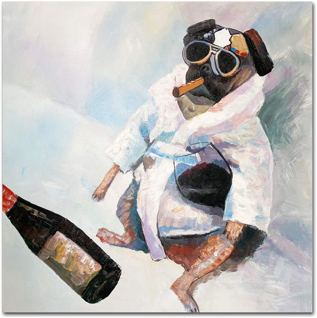 Paintings - Muzagroo Art Drinking Dog Painting on Canvas Painted by Hand Modern Canvas Wall Art for Living Room Cool Canvas Painting Funny Art Ready to Hang (24x24in)