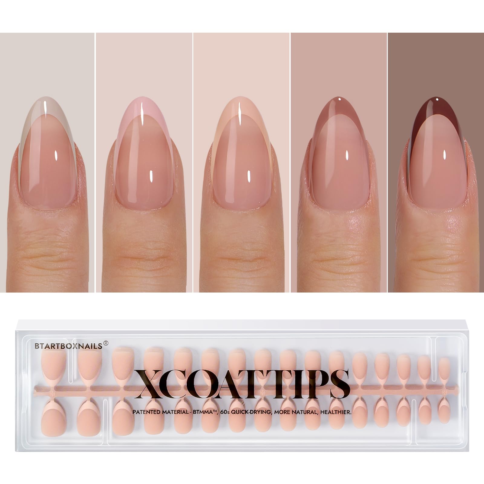 BTArtboxnails XCOATTIPS Press on Nails - French Tip Press on Nails, Fake Nails Short Almond Nail Tips, Skin Tones Soft Gel Material Acrylic False Nails Gift for DIY at Home