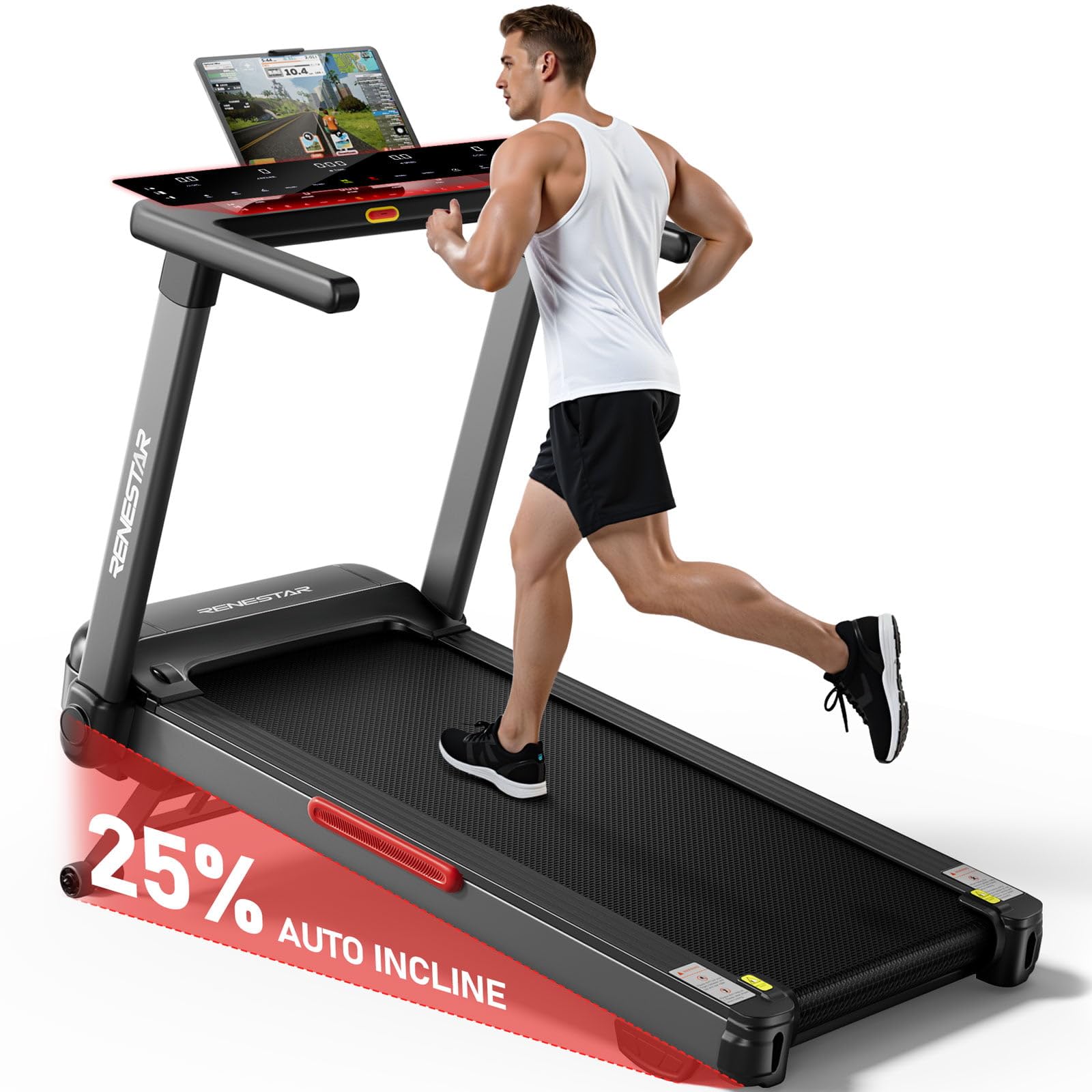 Photo 1 of Renestar Treadmill for Home with 25% Auto Incline - 8.5MPH Max Speed, Extra Large LED Touchscreen, 300LBS Capacity, Bluetooth Speaker, 3.5HP Home Office Treadmills for Running Jogging Walking